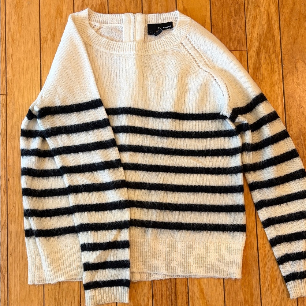 The Kooples Ivory and Black Striped Crew Neck Sweater